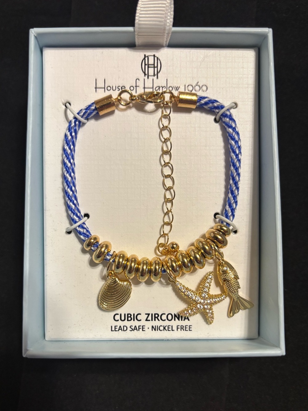 House of Harlow 1960 Nautical Sea Charm Bracelet Blue Cord NIB